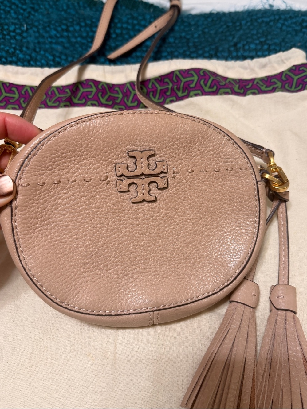 Tory Burch Blush Pink Pebbled Leather Crossbody with Tassels